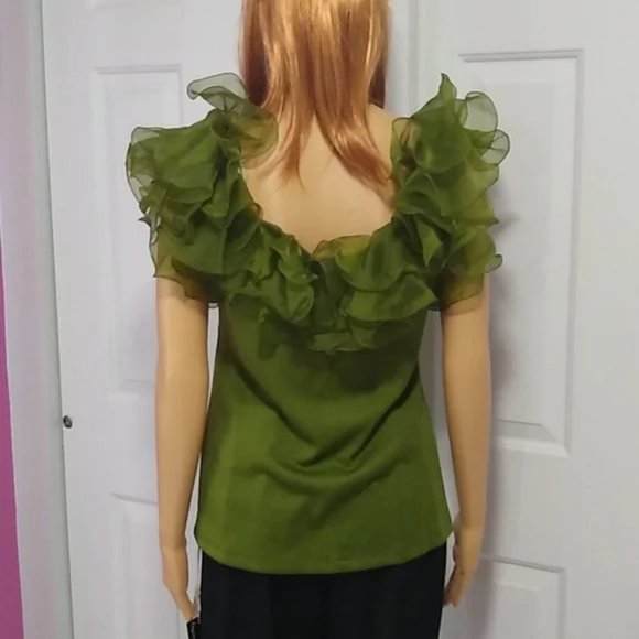 Vintage Blouse 60s Phillips 66 Green Chiffon Clown Ruffle Special Occasion NOS - Picture 6 of 9